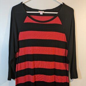 LuLaRoe Women's L Shirt Red with Black Stripes Pullover Top 3/4 Sleeve